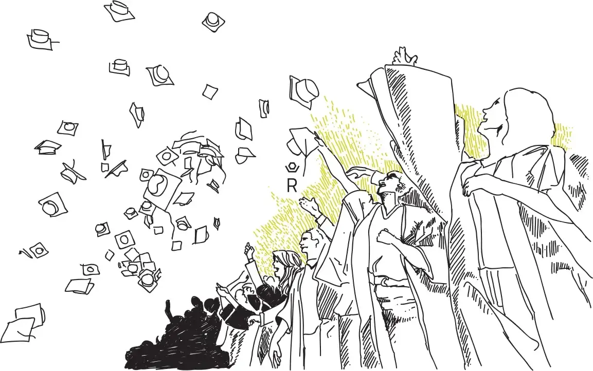 Desenho de formandos lançando os capelos ao ar